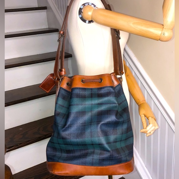 RALPH LAUREN Black Watch Plaid LRG Leather Canvas Drawstring Bucket Shoulder Bag - Picture 5 of 17